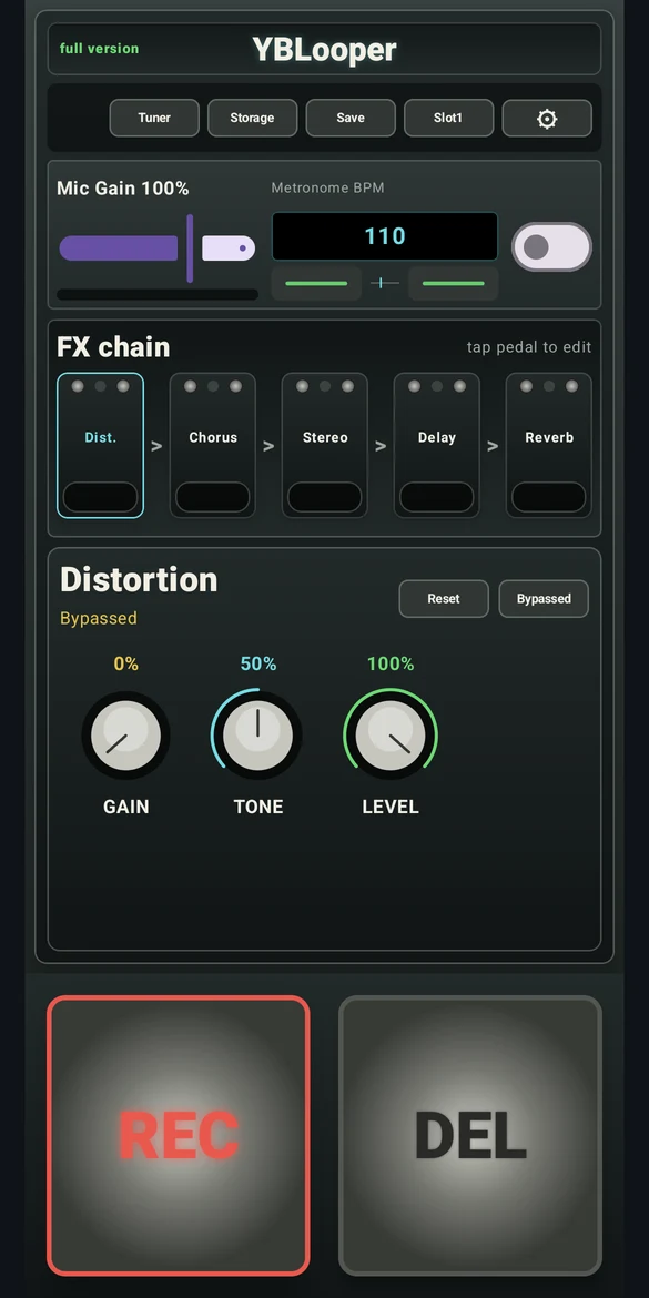 YBLooper Android app with effects pedals, input gain, metronome and large recording controls